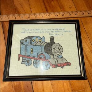 Vtg Framed Thomas the Tank Engine Train Cross-Stitch Bible Verse Proverbs 8x10